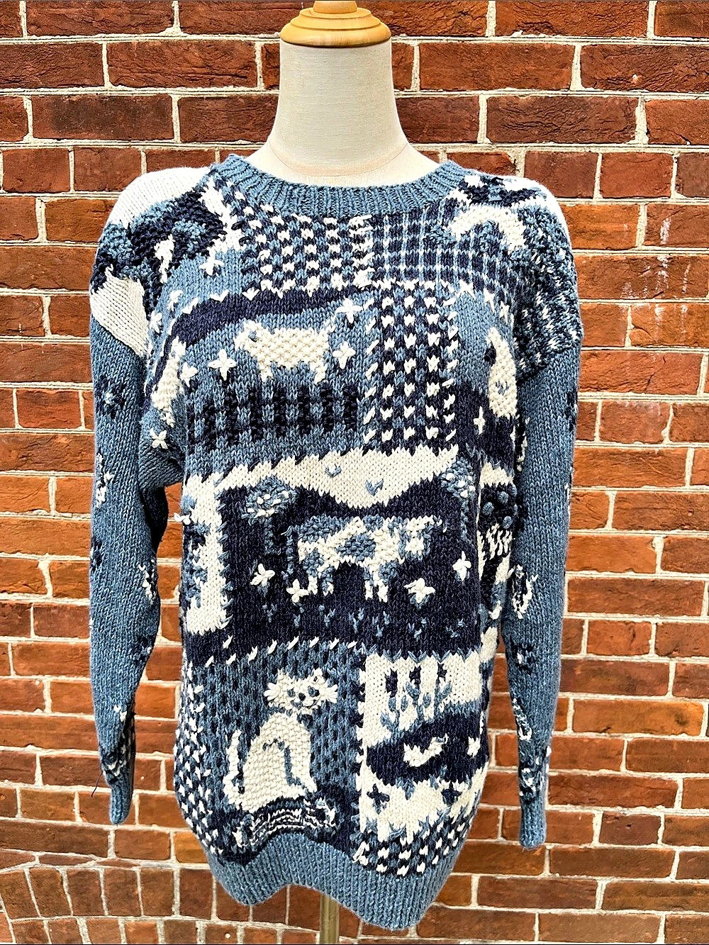 Vintage Farm Animal Knit Graphic Sweater Blue & Cream